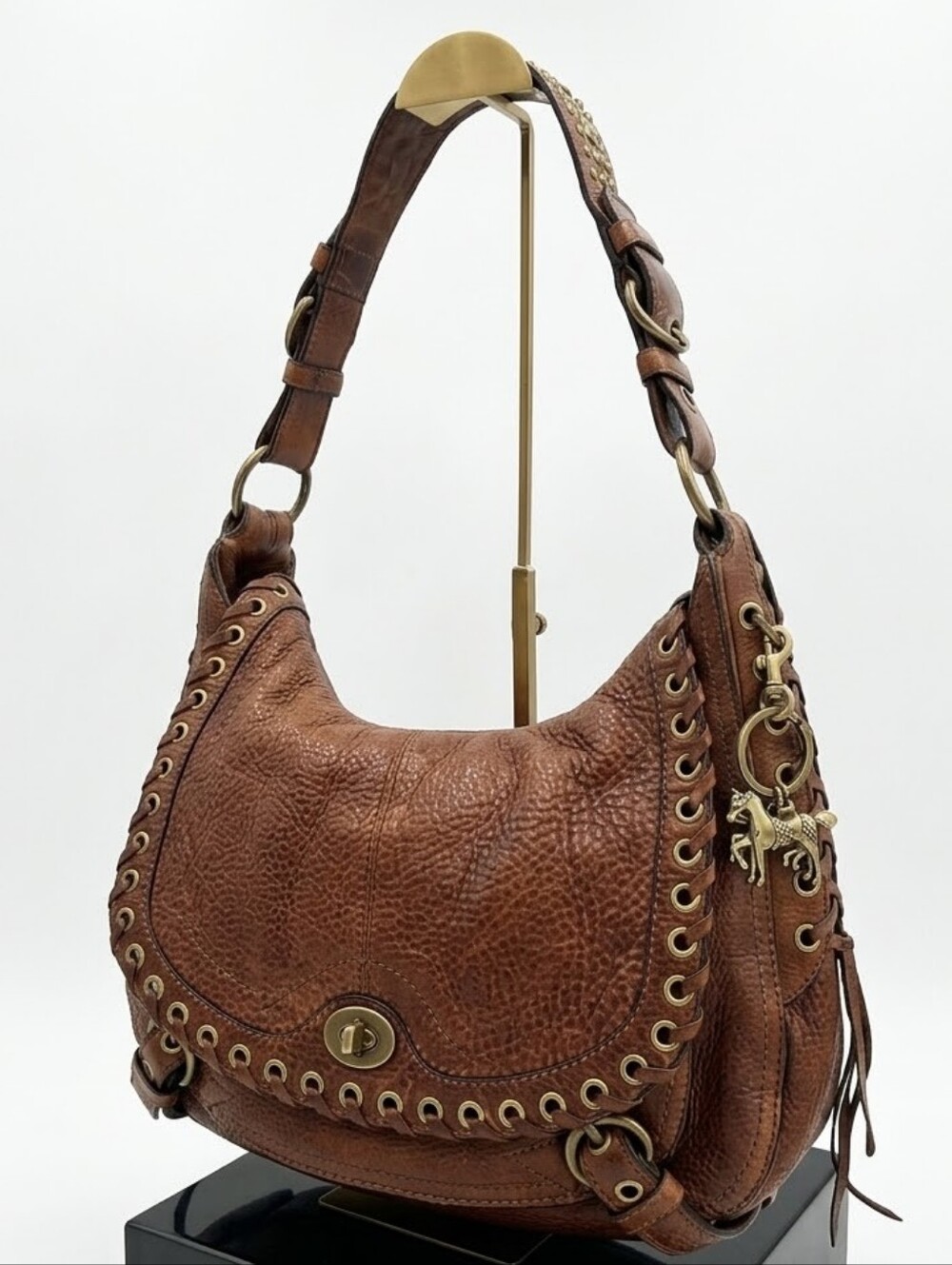 COACH Archival Abbey Grommet Lace Pebbled Leather Hobo 10971 Tobacco Brown EUC - Picture 3 of 12